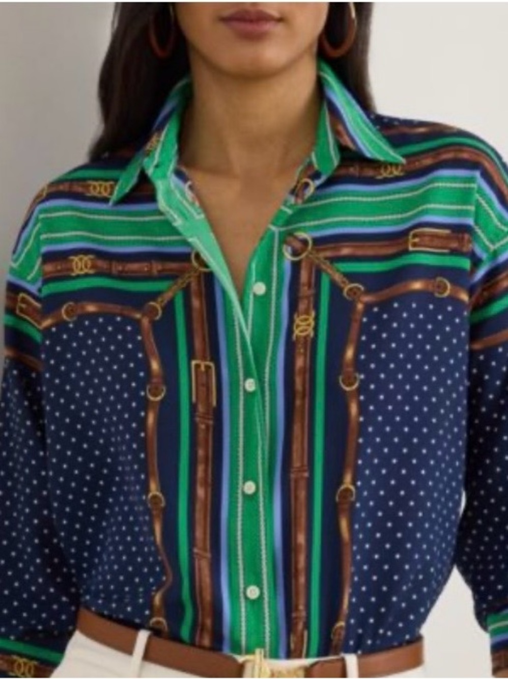 Lauren Ralph Lauren Belting & Polka Dot Shirt Blouse L Equestrian Crepe Blue Top